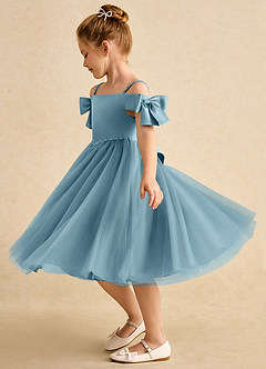 Azazie Amie Flower Girl Dresses Moody Blue A-Line Off the Shoulder Matte Satin Dress image4