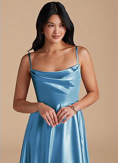 Azazie Elle Bridesmaid Dresses Steel Blue A-Line with Pockets Metallic Satin Dress image5