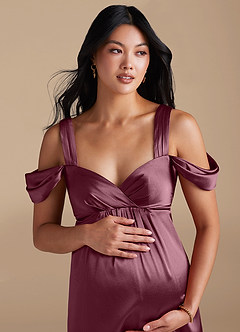 Azazie Rhea Maternity Bridesmaid Dresses A-Line Pleated Metallic Satin Floor-Length Dress image3