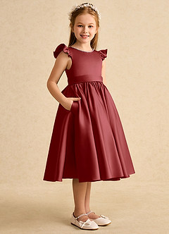 Azazie Dumpling Flower Girl Dresses Rust A-Line Bow Matte Satin Dress image4