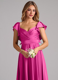 Azazie Leilani Vestidos de damas de honor Vestido de Fucsia de Satén Elástico de Corte en A con Volante image5