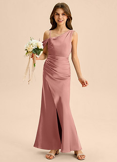 Azazie Madelyn Junior Osłona Zza ramienia Satyna elastyczna Długość podłogi Młodsza druhna Sukienka image1