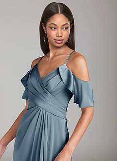 Azazie Dakota Vestidos de damas de honor Vestido de Azul Polvoriento de Satén Elástico de Corte en A con Vestidos sin tirantes image5