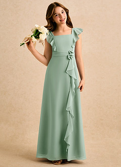 Azazie Soso Girls Formal Robe Demoiselle D'honneur Fillette Robe Trapèze en Mousseline de soie Plissée Agave image1