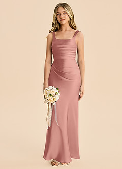 Azazie Agustina Junior Rosette Sheath Pleated Stretch Satin Dress image4