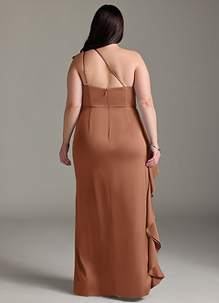 Azazie Latrice Bridesmaid Dresses Bronzer Sheath One Shoulder Cascading Ruffles Stretch Satin Dress image2