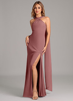 Azazie Kinsley Vestidos de damas de honor Vestido de Rosa Del Desierto de Gasa de Corte Sirena con Plisado image4