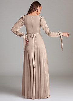 Azazie Leonia Bridesmaid Dresses Taupe A-Line Long Sleeve Mesh Dress image4