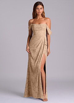 Azazie Johana 신부 들러리 드레스 인어 오프 더 숄더 플로럴 번아웃 바닥 길이 드레스 image3