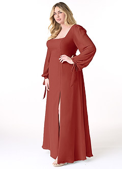 Azazie Leonia Abiti da Damigella Abito A-Line in Chiffon Manica Lunga Terracotta image10