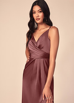 Azazie Aqua Bridesmaid Dresses Amethyst A-Line V-Neck Pleated Stretch Satin Dress image6
