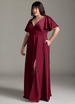 Azazie Kimber Bridesmaid Dresses Burgundy A-Line Ruched Stretch Satin Dress image10