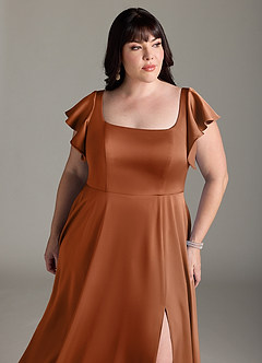 Azazie Bondi Bridesmaid Dresses Copper A-Line Bow Stretch Satin Dress image11