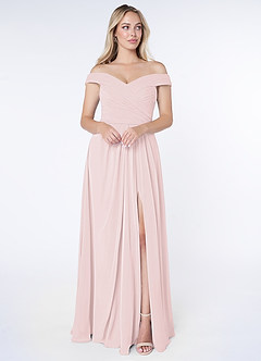 Azazie Audrianna Bridesmaid Dresses Blushing Pink A-Line Off-The-Shoulder Gathered Chiffon Convertible Dress image1