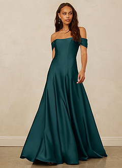 Christian Siriano Bridal for Azazie 1002 Bridesmaid Dresses Pine A-Line Off the Shoulder Stretch Satin Convertible Dress image1