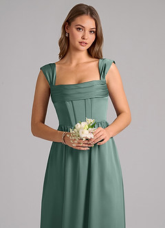 Azazie Hattie Bridesmaid Dresses Eucalyptus A-Line Corset Stretch Satin Dress image6
