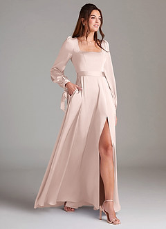 Azazie Leonia Bridesmaid Dresses Blushing Pink A-Line Long Sleeve Stretch Satin Dress image4