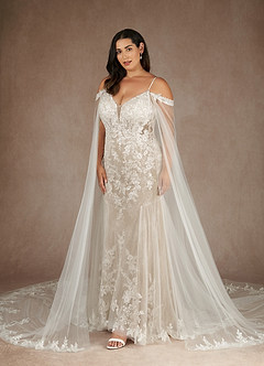 Azazie Leonie Wedding Dresses Diamond White Nude Mermaid V-Neck Sequins Tulle Dress image16