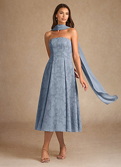 Azazie Lorain vestidos de madre de la novia Vestido de Azul Polvoriento de Devorado Floral de Corte En A con Plisado image2