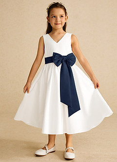 Azazie Darling Flower Girl Dresses Ivory Dark Navy A-Line Bow Cotton Dress image2