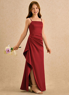 Azazie Cannoli Girls Formal Flower Girl Dresses Pomegranate A-Line Pleated Stretch Satin Dress image1