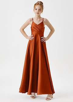 Azazie Avelina Junior Burnt Orange A-Line Pleated Stretch Satin Dress image3