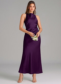 Azazie Evadne Vestidos de damas de honor Vestido de Uva de Satén Elástico de Corte Recto con Plisado image3