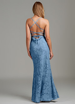 Azazie Ola Vestidos de damas de honor Vestido de Azul Acero de Devorado Floral de Corte Sirena con Corsé image6