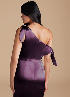 Azazie Xyla Bridesmaid Dresses Plum Sheath Off the Shoulder Metallic Satin Convertible Dress image4