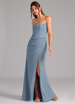 Azazie Jenine Vestidos de damas de honor Vestido de Azul Polvoriento de Gasa de Corte Sirena con Sin tirantes image4
