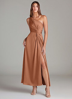 Azazie Brooke Robes de demoiselle d'honneur Robe Trapèze en Satin extensible Une épaule Bronze image1