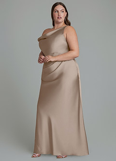 Azazie Emerson Bridesmaid Dresses Taupe Mermaid Off the Shoulder Stretch Satin Dress image3