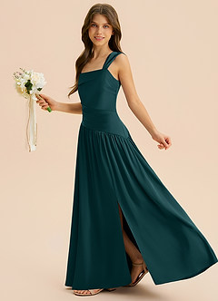 Azazie Dotty Junior Robe Trapèze en Satin extensible Plissée Vert Pin image5