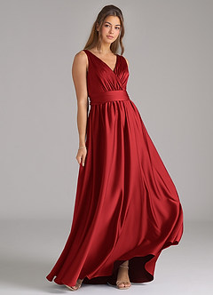 Azazie Kora Bridesmaid Dresses Pomegranate A-Line Pleated Stretch Satin Dress image4