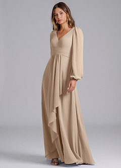 Azazie Liah Vestidos de damas de honor Vestido de Gris Pardo de Gasa de Corte en A con Manga larga image4