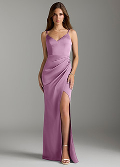 Azazie Leo Bridesmaid Dresses Wisteria Sheath Pleated Stretch Satin Dress image1