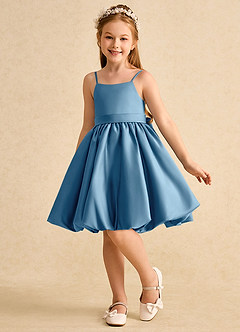 Azazie Davine Blumenmädchenkleider A-Linie Spaghetti Riemen Matte Satin Kleid Stahlblau image5