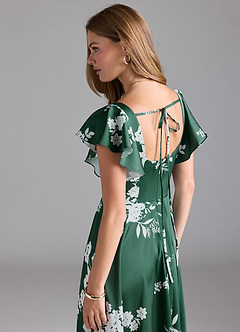 Azazie Bondi Bridesmaid Dresses Green Botanicals A-Line Bow Stretch Satin Dress image7
