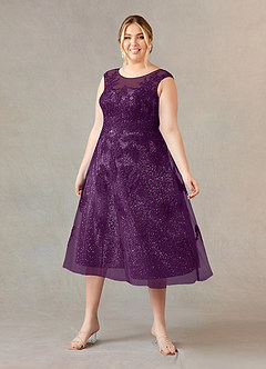 Azazie Flynn vestidos de madre de la novia Vestido de Uva de Tul de Corte En A con Cuello barco encaje image6