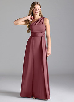 Azazie Dallas Robes de demoiselle d'honneur Robe Trapèze en Satin extensible Ue épaule Rose Du Désert image1