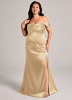 Azazie Saige Bridesmaid Dresses Champagne Sheath Off the Shoulder Metallic Satin Convertible Dress image3
