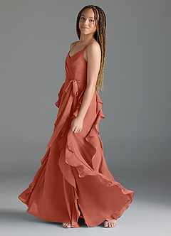 Azazie Peyton Junior Vestido de Arcilla de Gasa de Corte En A con Volantes en cascada Cuello en V image4