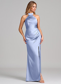 Azazie Karlotta 신부 들러리 드레스 쉬스 주름진 스트레치 새틴 바닥 길이 드레스 image5