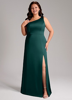 Azazie Phaedra Robes de demoiselle d'honneur Robe Trapèze en Satin extensible Une épaule Vert Pin image1