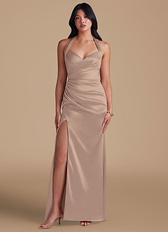 Azazie Emeria Robes de demoiselle d'honneur Robe Fourreau en Satiné métallisé Fente Latérale Taupe image5