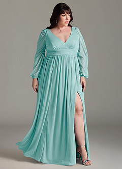 Azazie Norah Bridesmaid Dresses Aqua A-Line V-Neck Long Sleeve Chiffon Dress image9