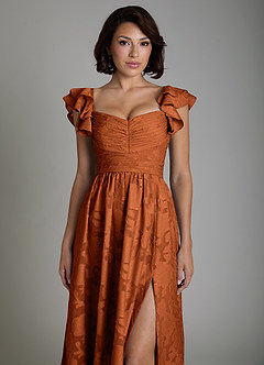 Azazie Anaya Bridesmaid Dresses Burnt Orange A-Line Ruched Floral Burnout Dress image3