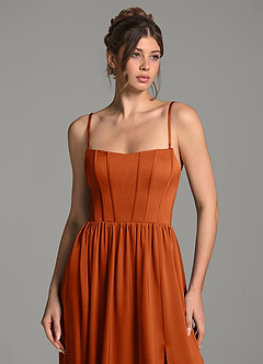 Azazie Delphina Bridesmaid Dresses Burnt Orange A-Line Corset Stretch Satin Convertible Dress image2