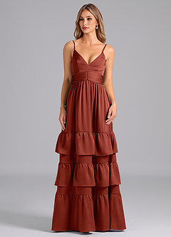 Azazie Nathalia Bridesmaid Dresses Terracotta A-Line Pleated Stretch Satin Dress image3