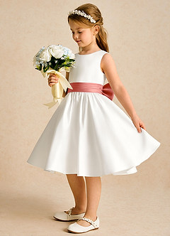 Azazie Sosie Flower Girl Dresses Ivory Salmon Pink A-Line Pleated Matte Satin Dress image3